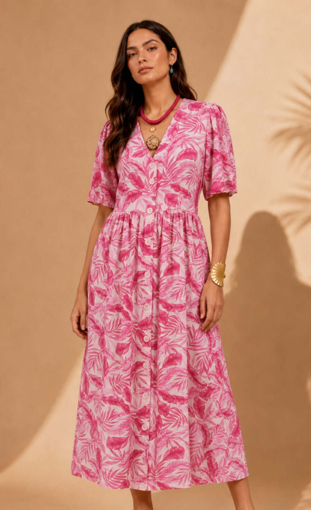Pink Print Shirt Button-Down Midi Dress
