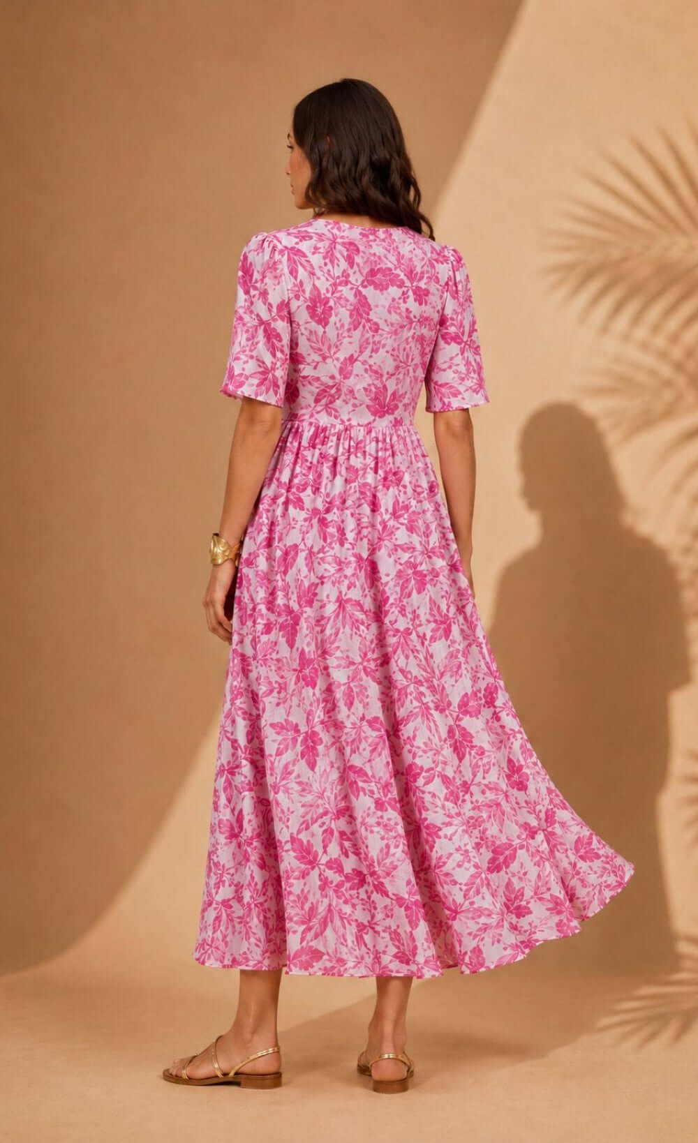 Pink Print Shirt Button-Down Midi Dress