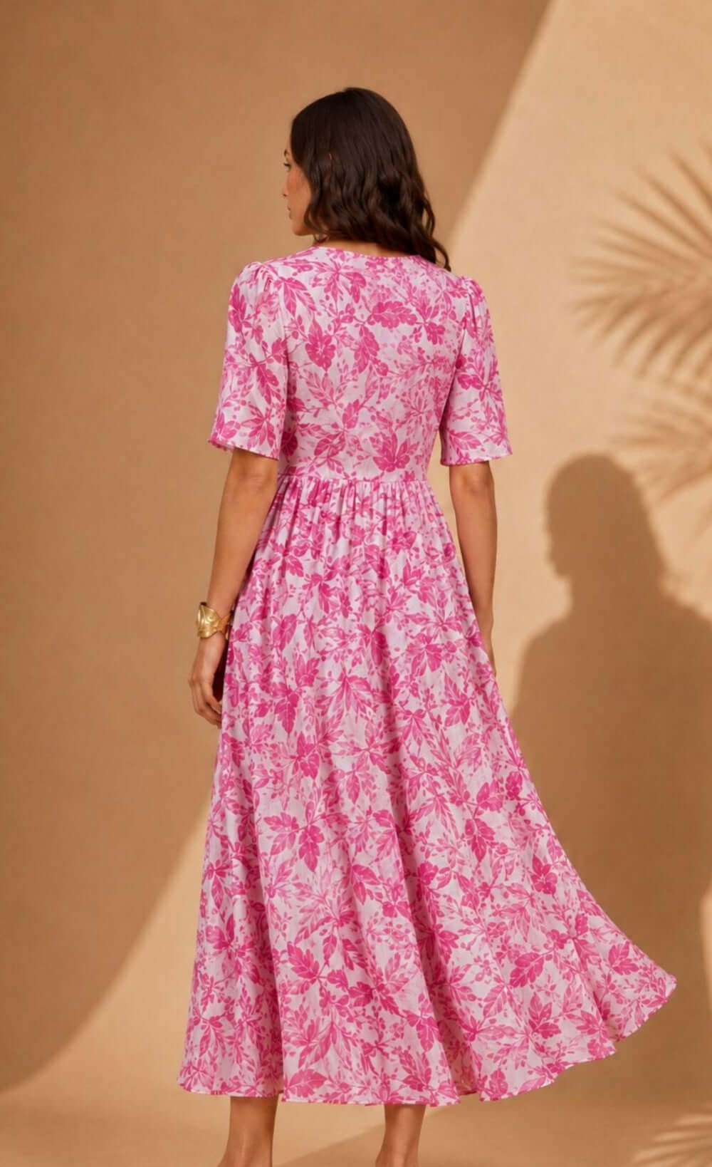 Pink Print Shirt Button-Down Midi Dress