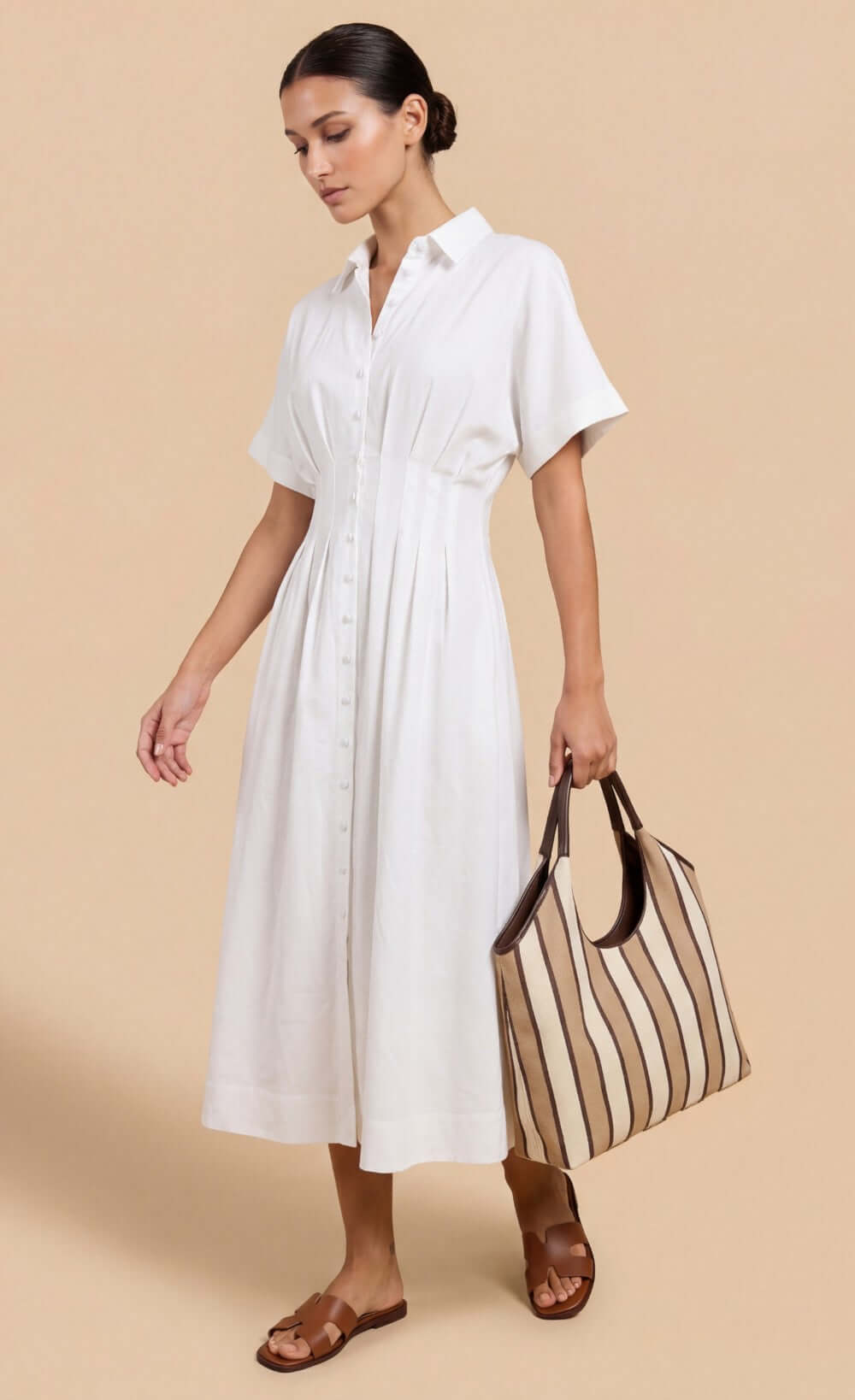 White Cotton Linen Button-Down Midi Dress