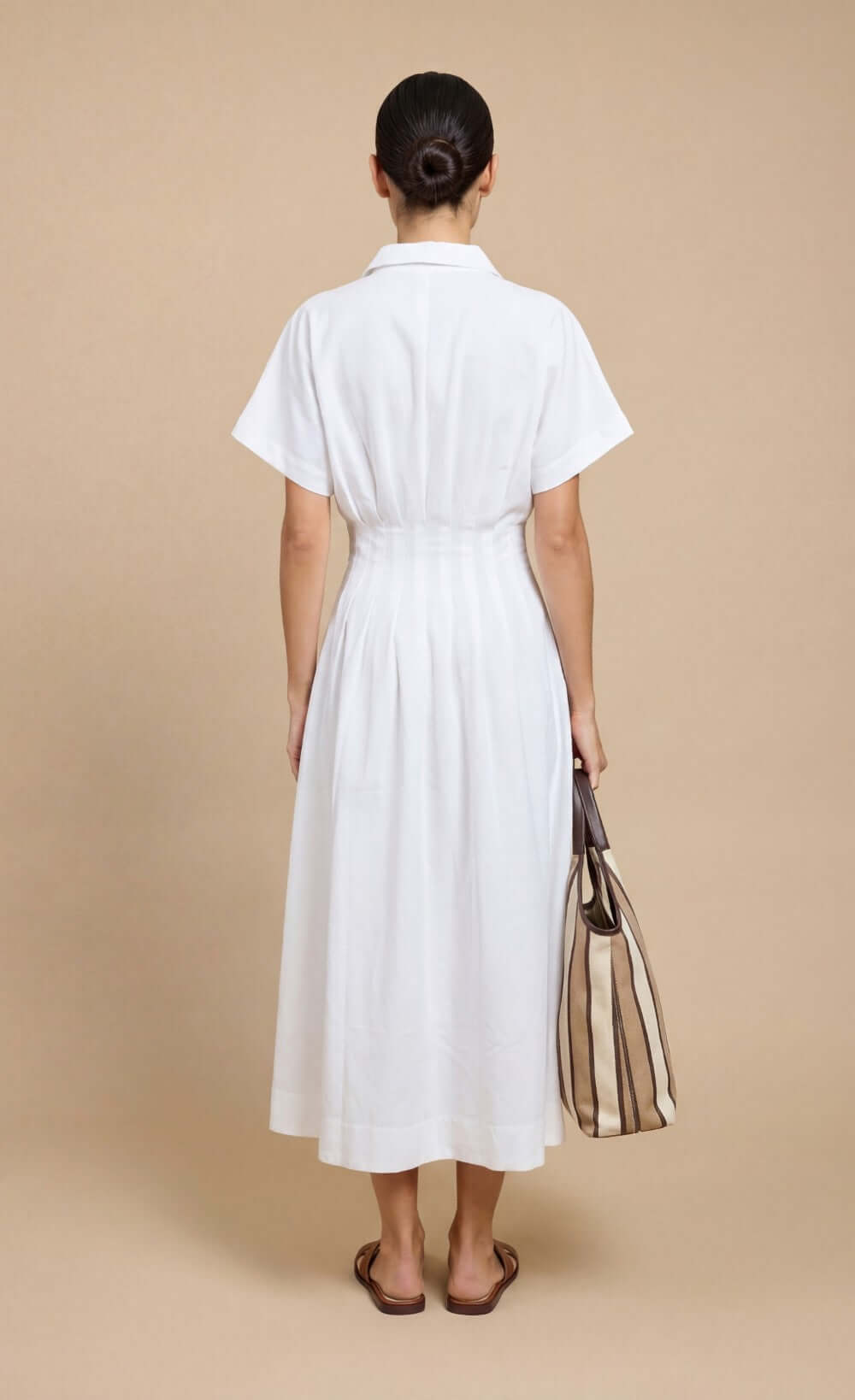 White Cotton Linen Button-Down Midi Dress