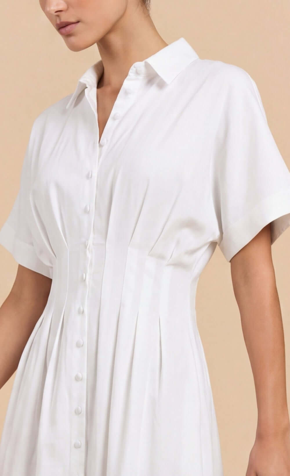 White Cotton Linen Button-Down Midi Dress