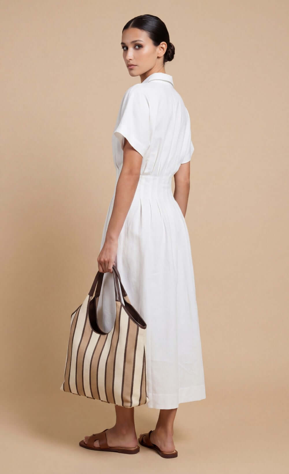 White Cotton Linen Button-Down Midi Dress