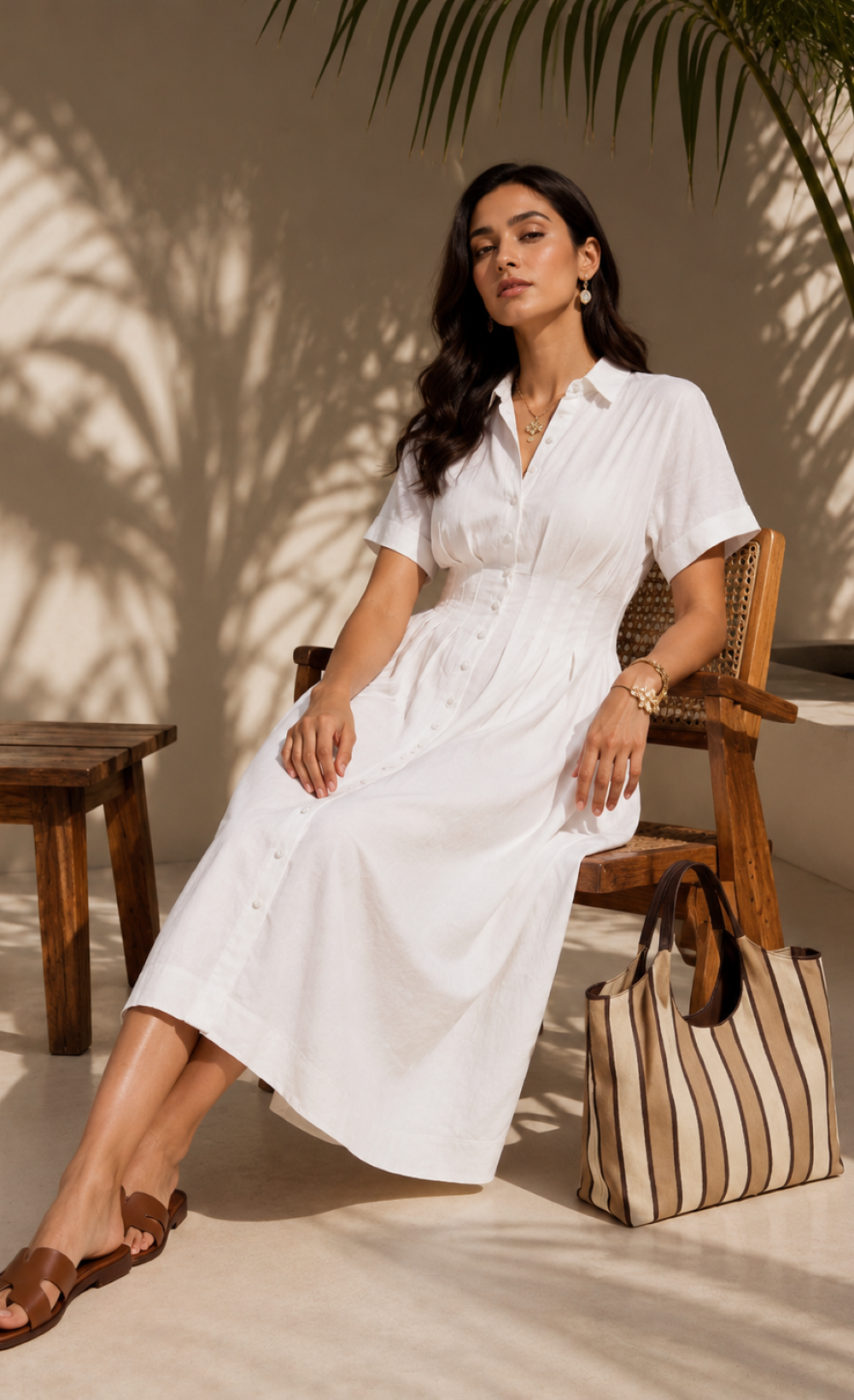 White Cotton Linen Button-Down Midi Dress