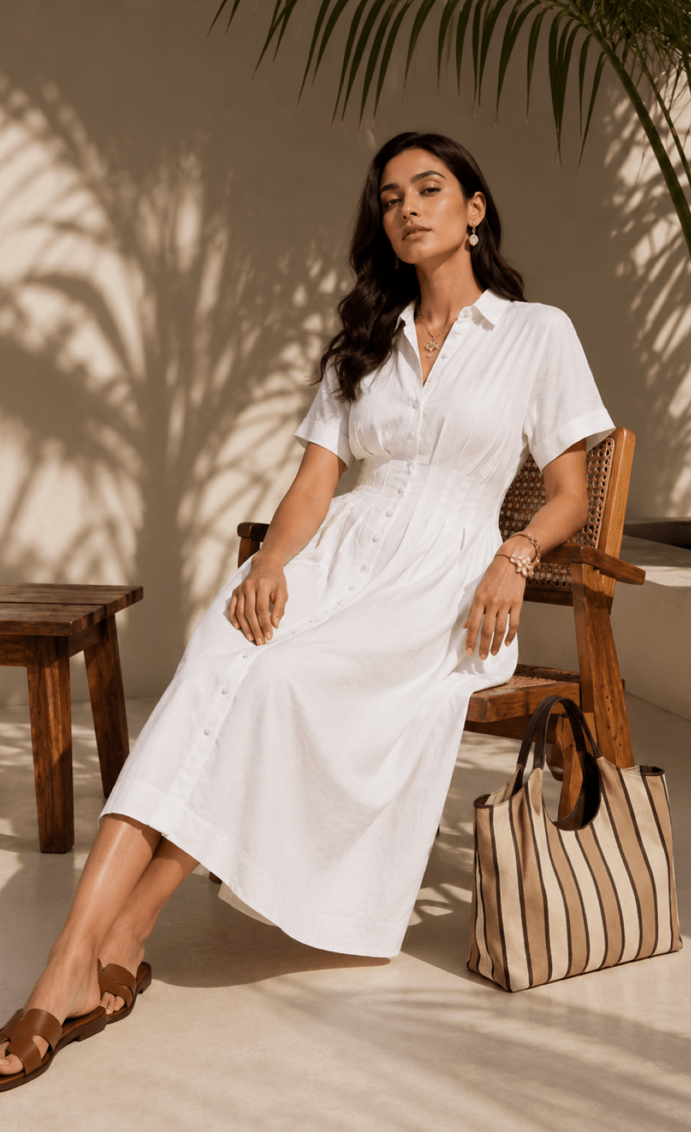 White Cotton Linen Button-Down Midi Dress