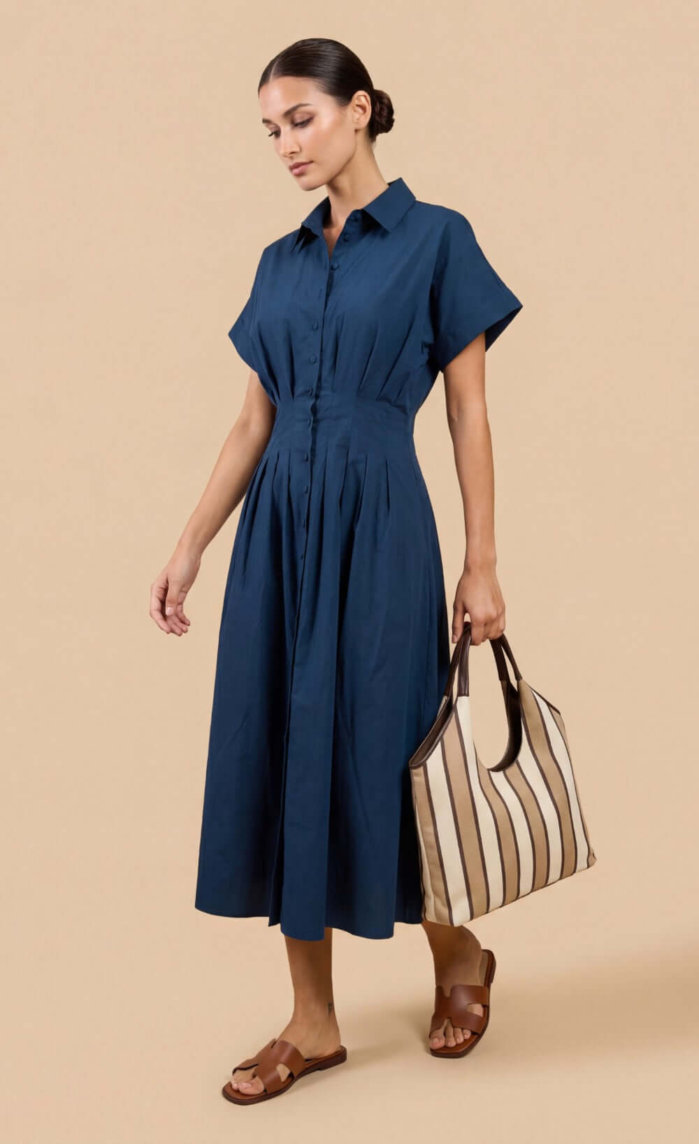 Blue Cotton Linen Midi Dress