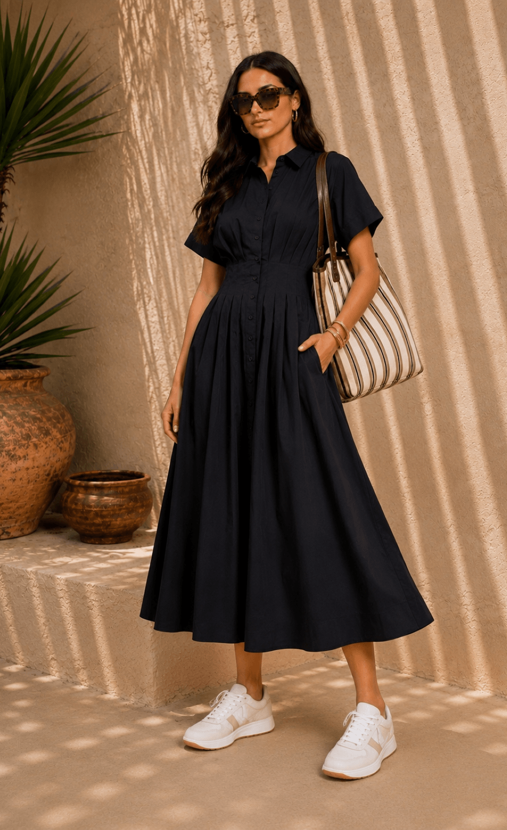 Black Cotton Linen Button-Down Midi Dress