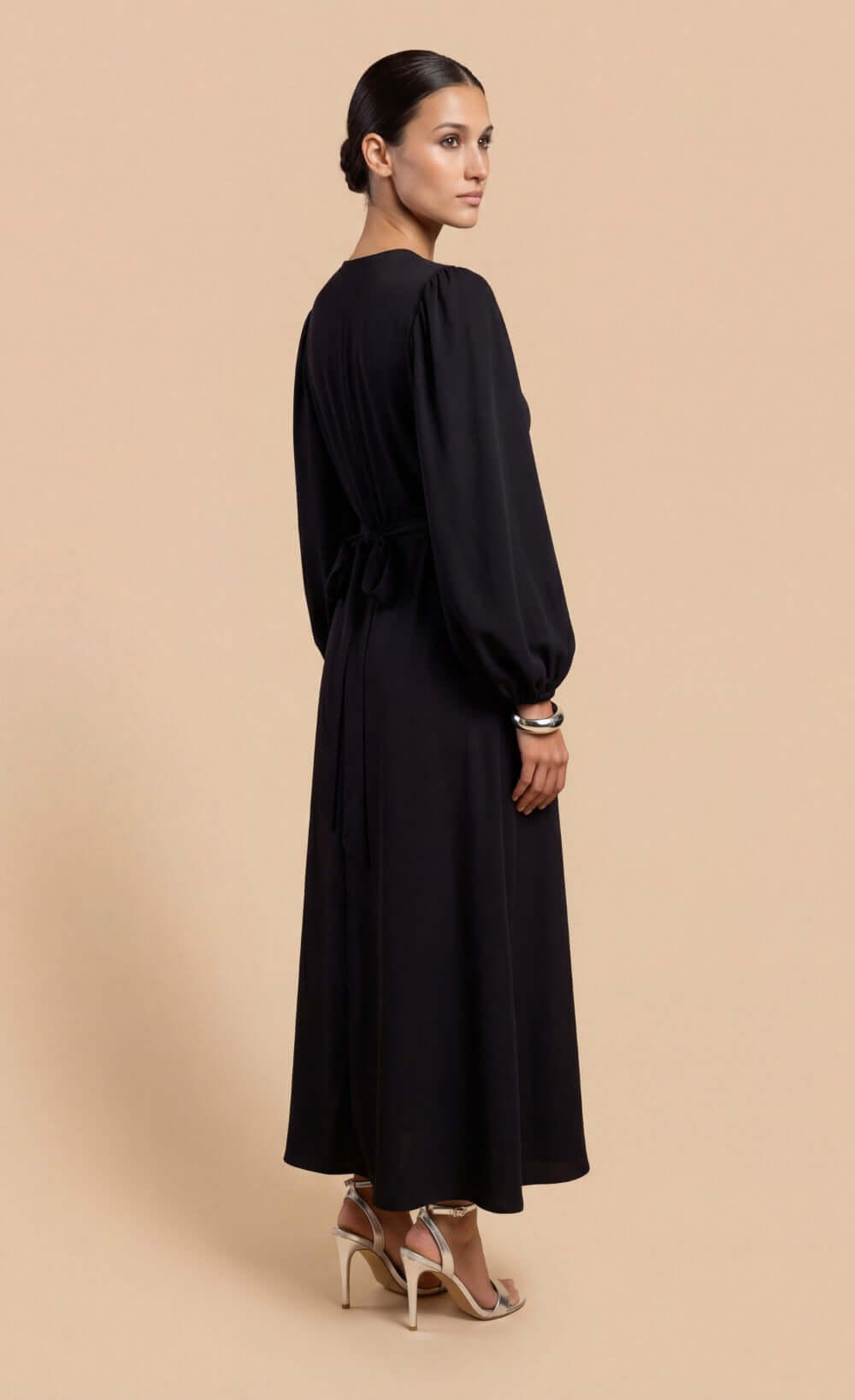Black Long Sleeve Wrap Midi Dress