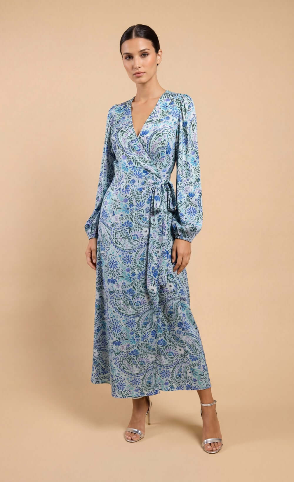 Blue Tropical Print Long Sleeve Wrap Midi Dress