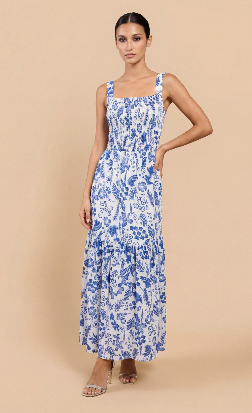 Blue Floral Print Cotton Gauze Smocked Maxi Dress