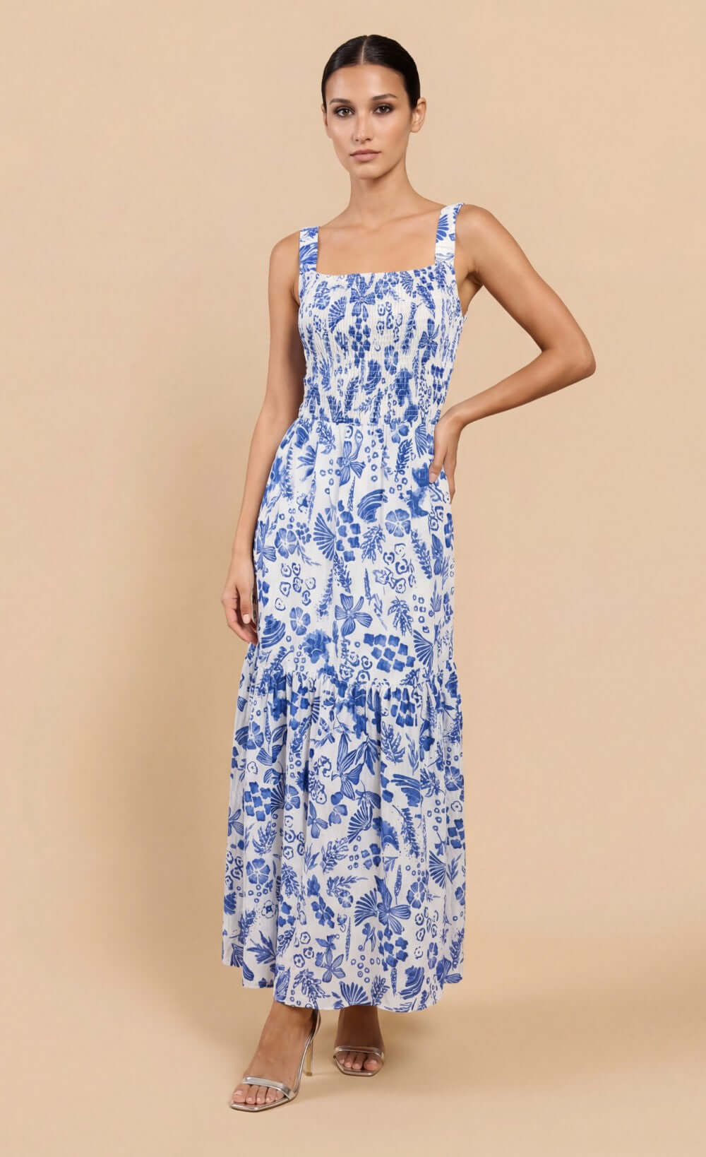 Blue Floral Print Cotton Gauze Smocked Maxi Dress
