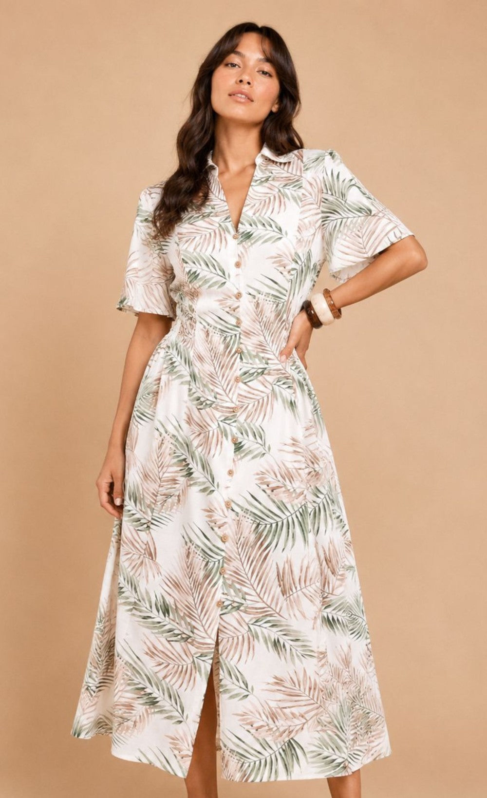 Palm Print Button-Down Shirt Midi Dress