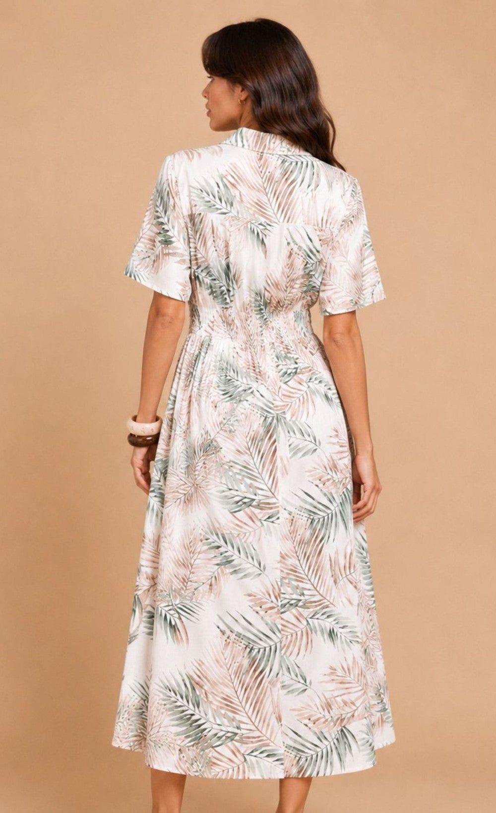Palm Print Button-Down Shirt Midi Dress