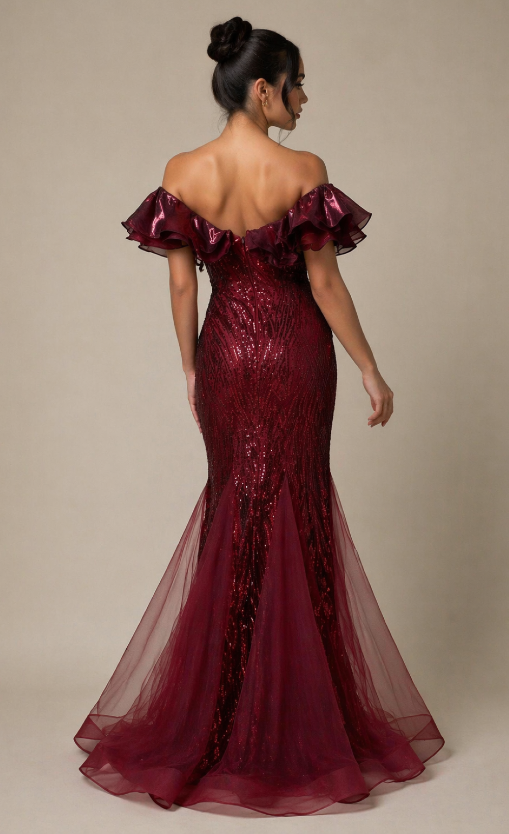 Sorelle Maroon Embellished Ruffle Maxi Dress