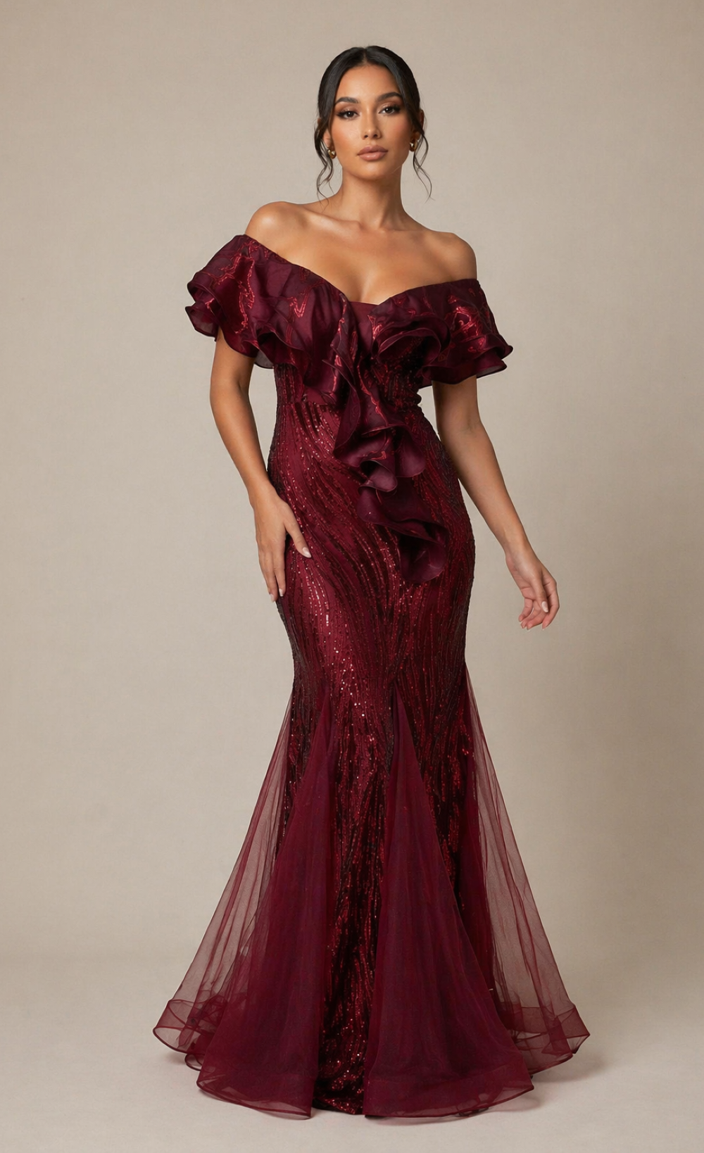 Sorelle Maroon Embellished Ruffle Maxi Dress