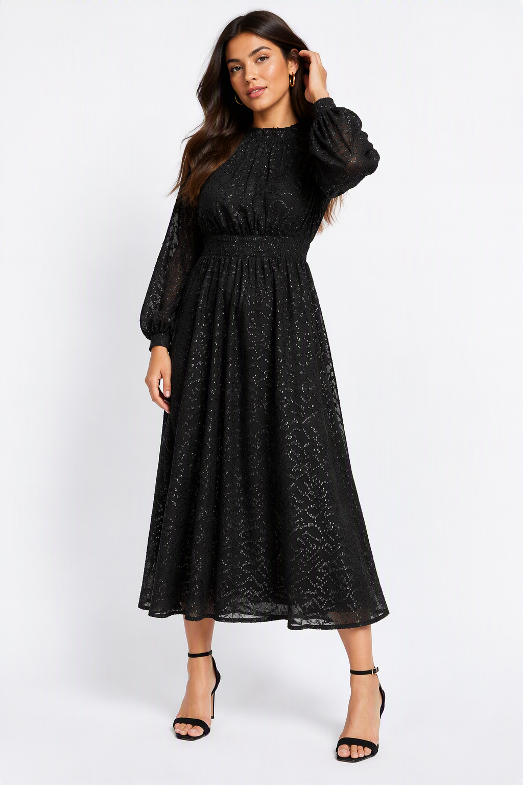 Black Metallic Texture Midaxi Dress