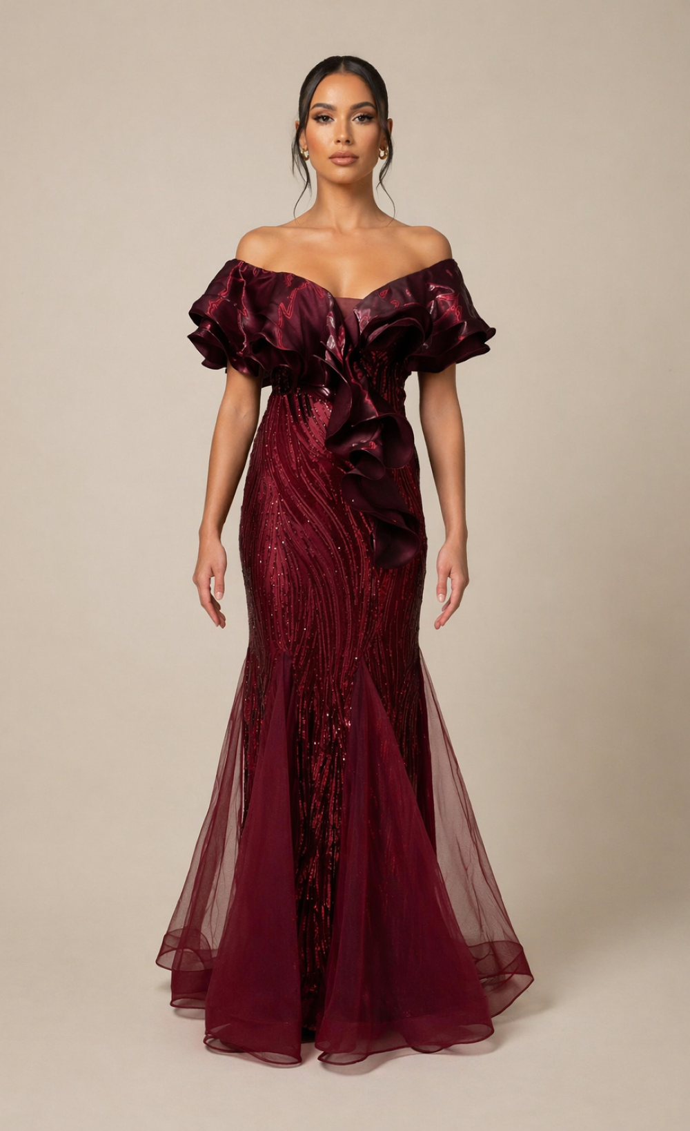 Sorelle Maroon Embellished Ruffle Maxi Dress