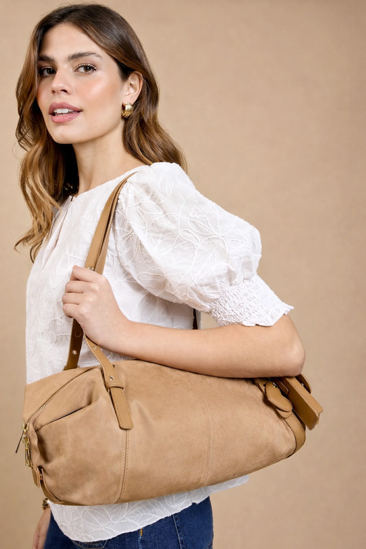 Camel Faux Suede Shoulder Bag