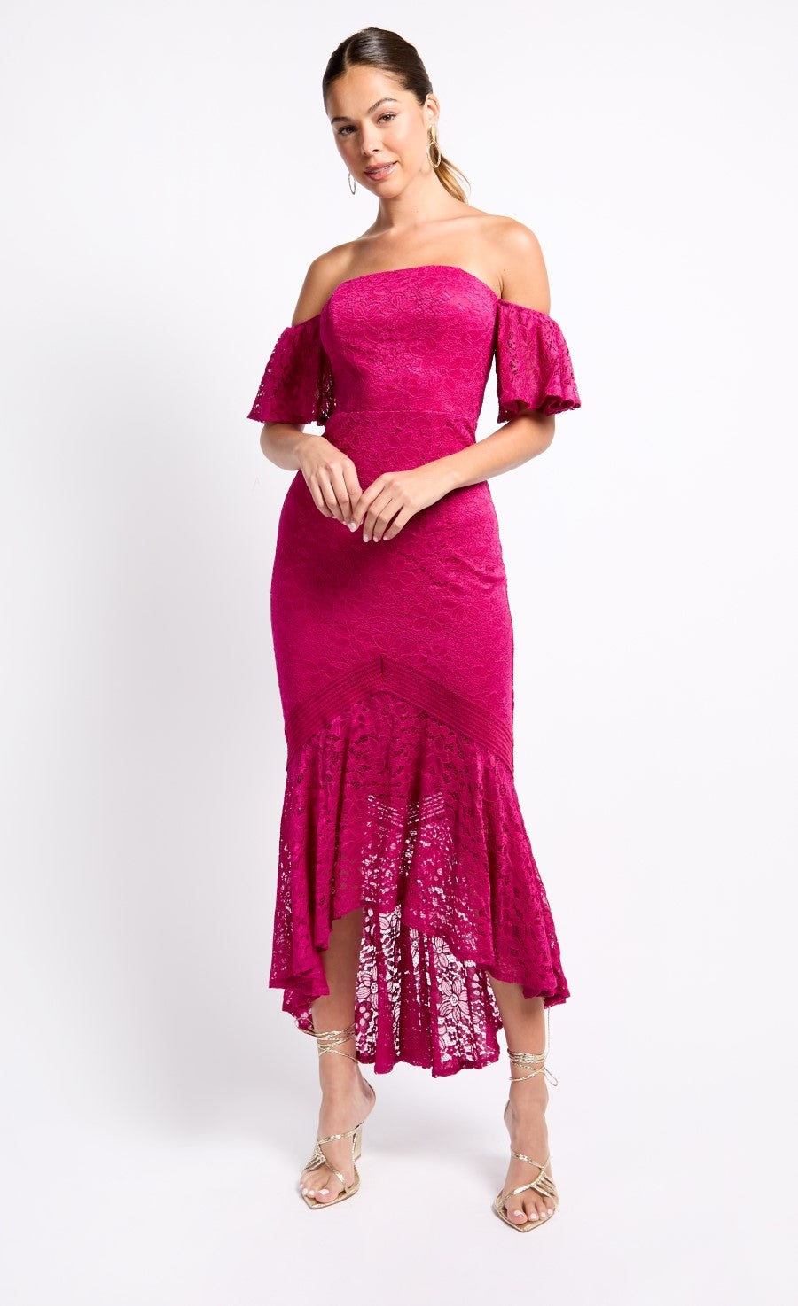 iSKA Pink Lace Fishtail Hem Maxi Dress