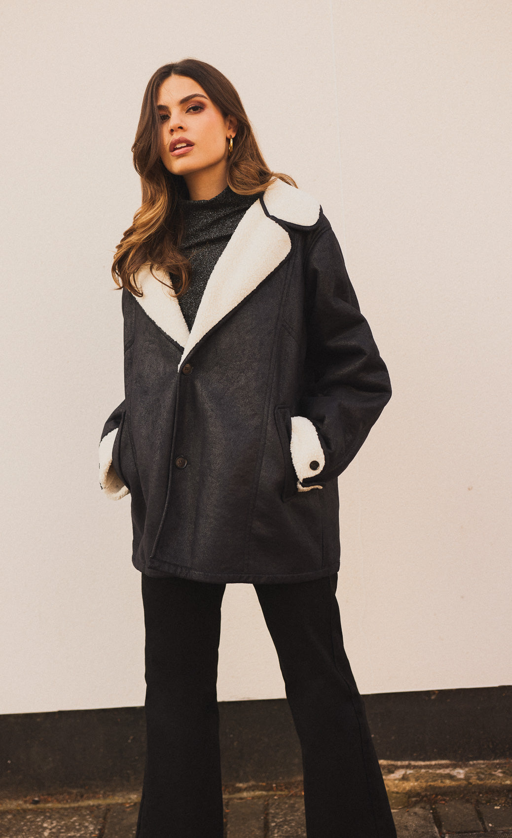 Amara Black Suede Contrast Lining Borg Jacket