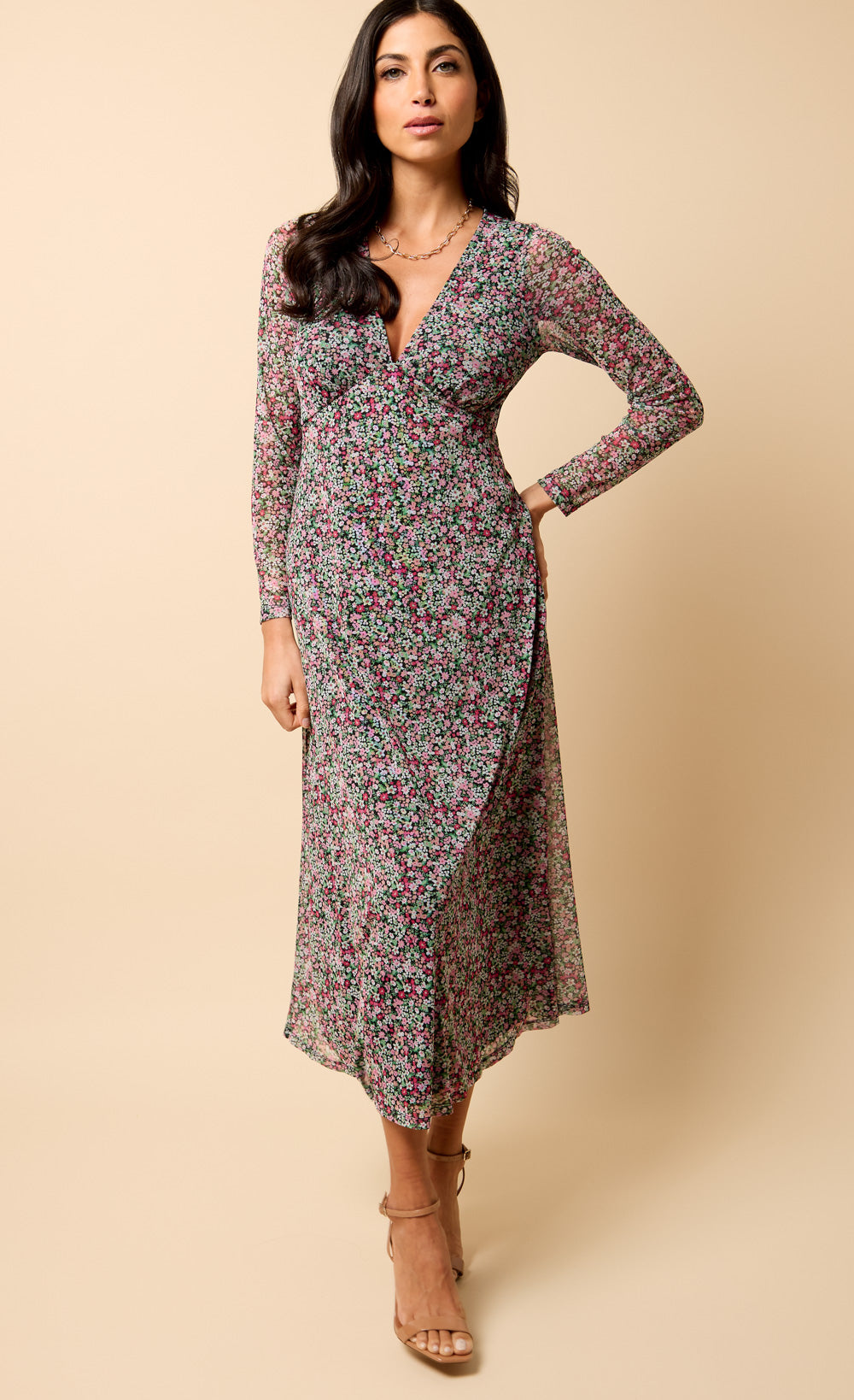 Saffron and Amber Ditsy Floral Print Midi Dress