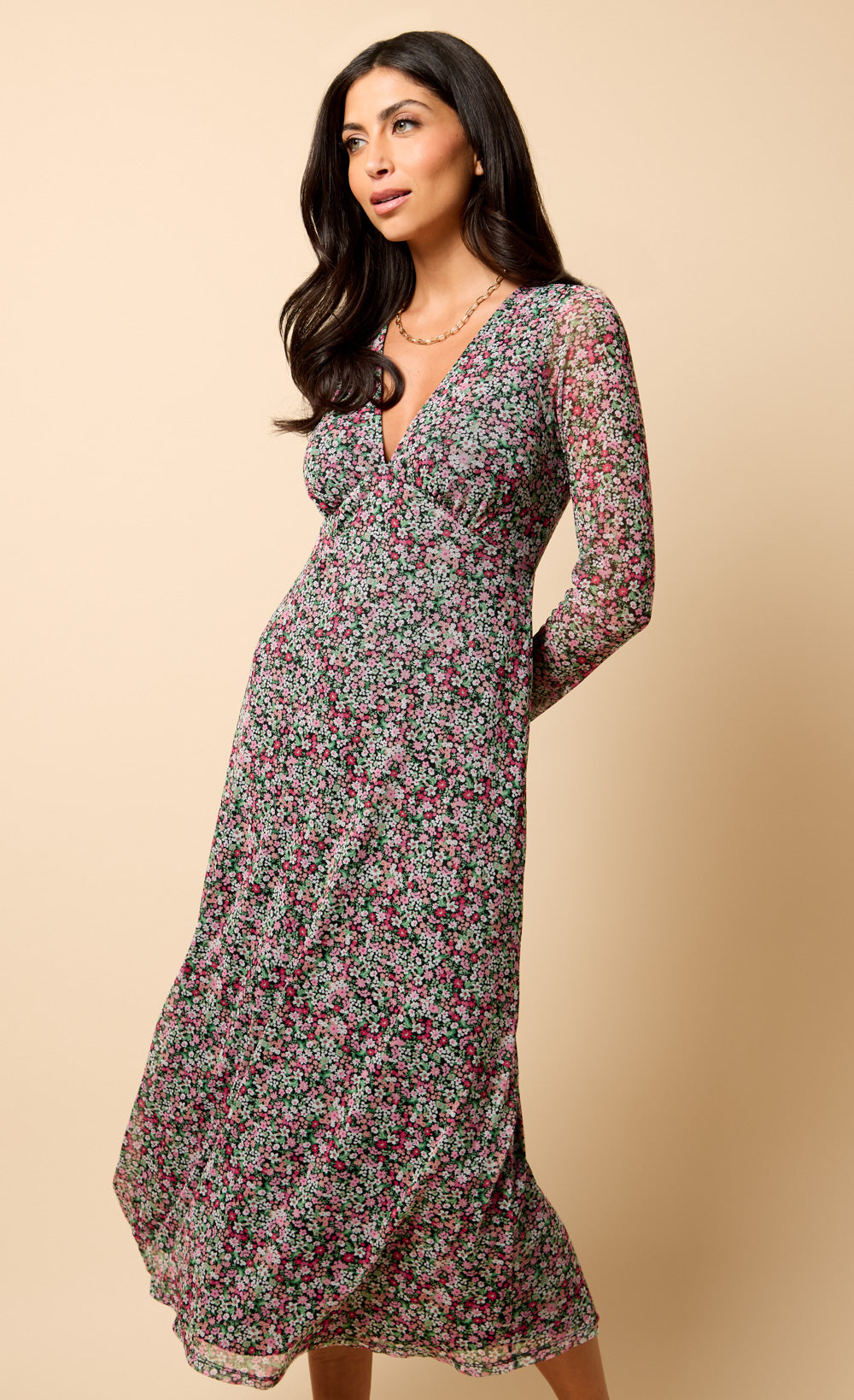 Saffron and Amber Ditsy Floral Print Midi Dress