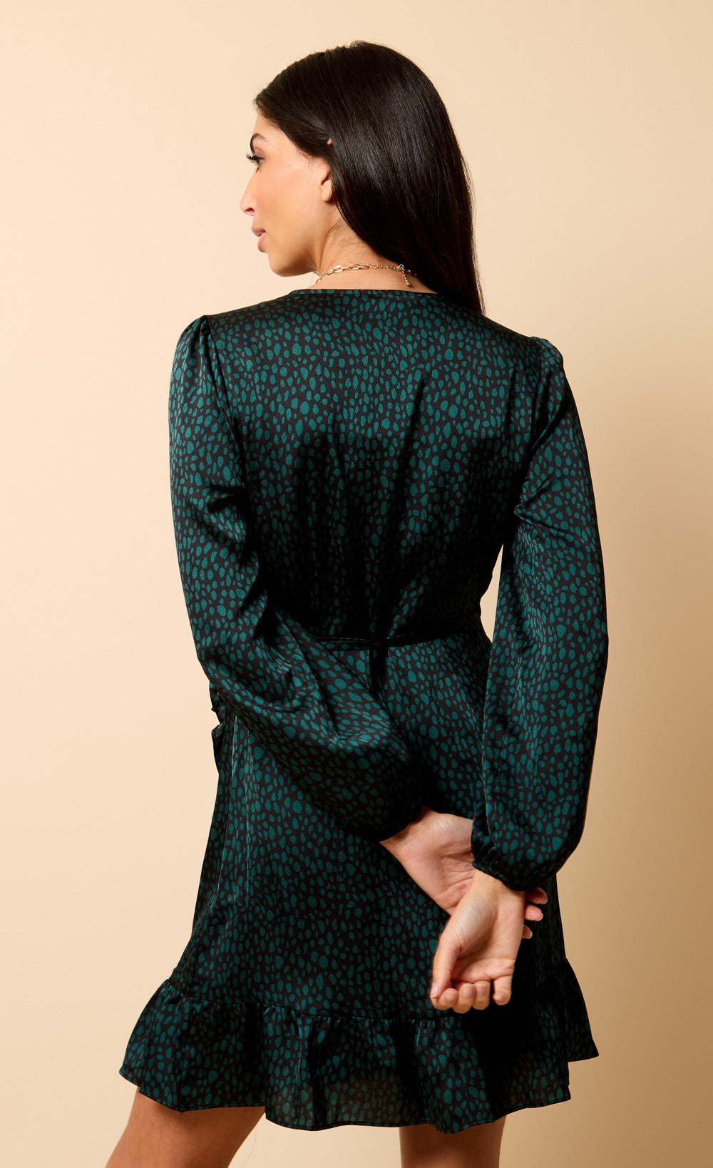 Saffron and Amber Green Animal Print Wrap Mini Dress