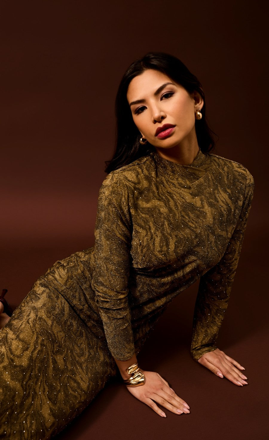 Seraphine Gold Print Lurex Midaxi Dress