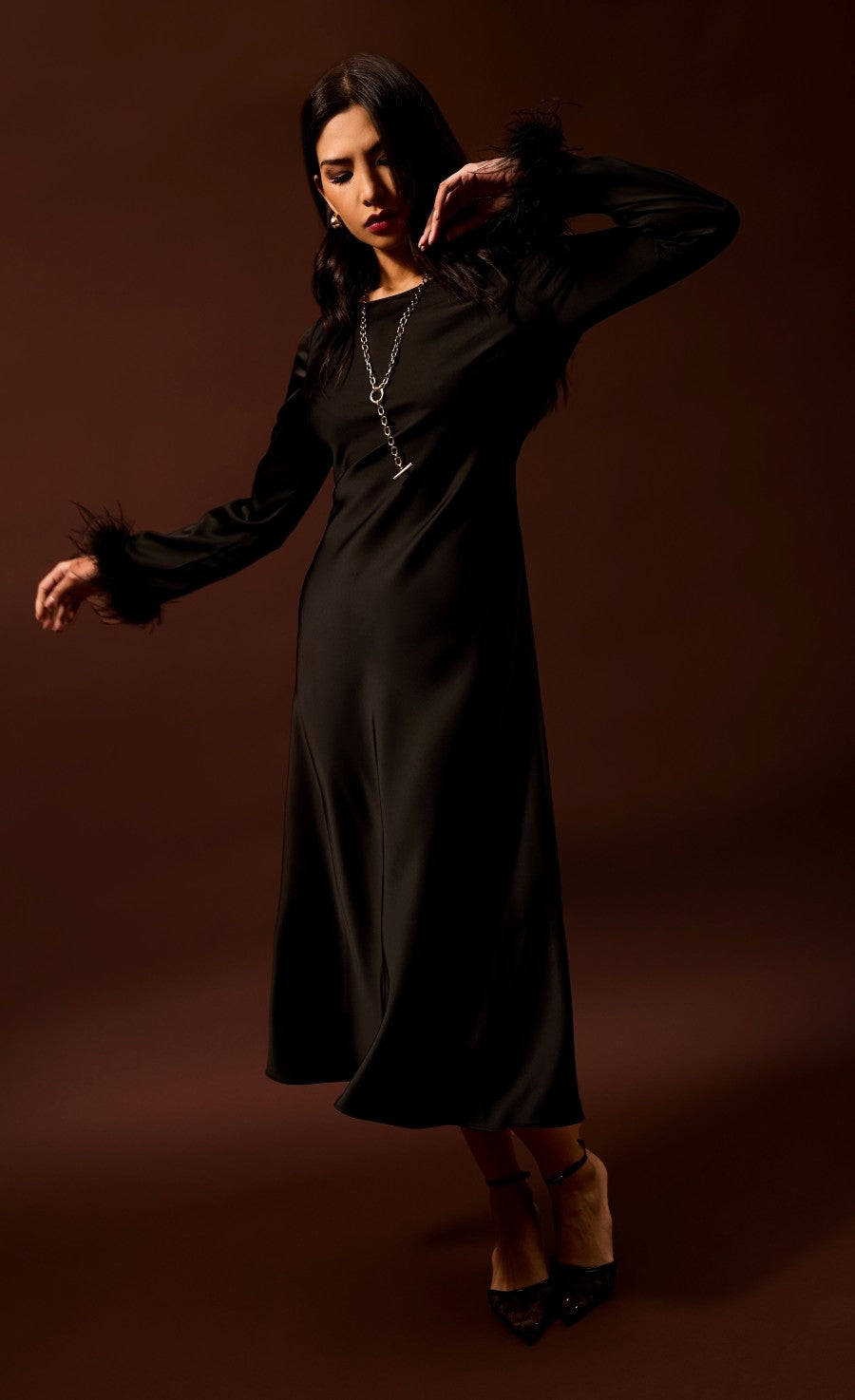 Riviera Black Satin Feather Trim Sleeve Midaxi Dress