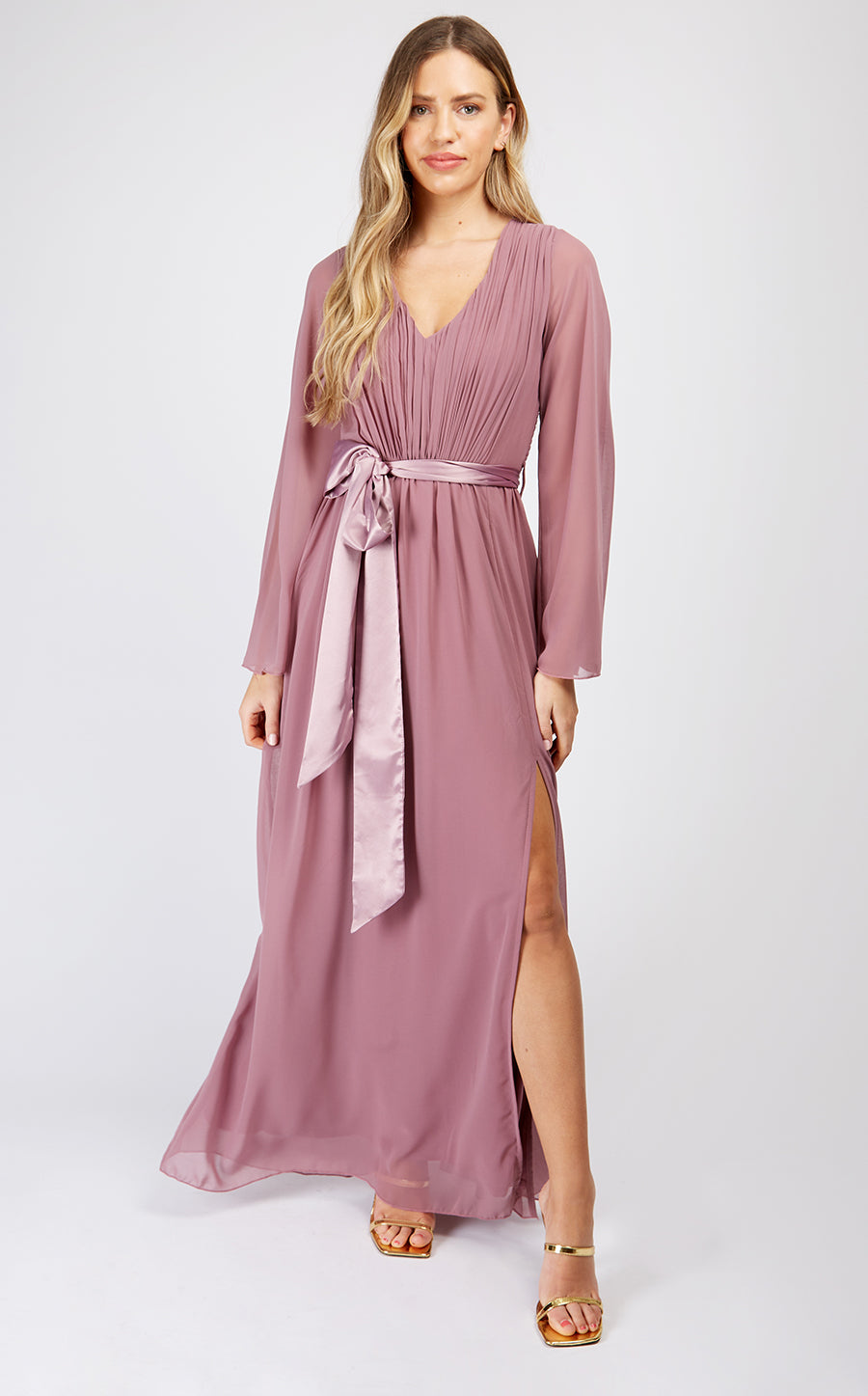 Mauve Plunge Tie Waist Maxi Dress