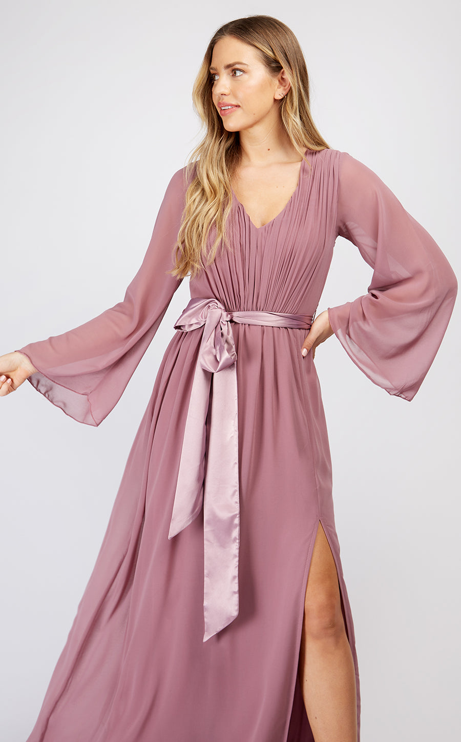 Mauve Plunge Tie Waist Maxi Dress