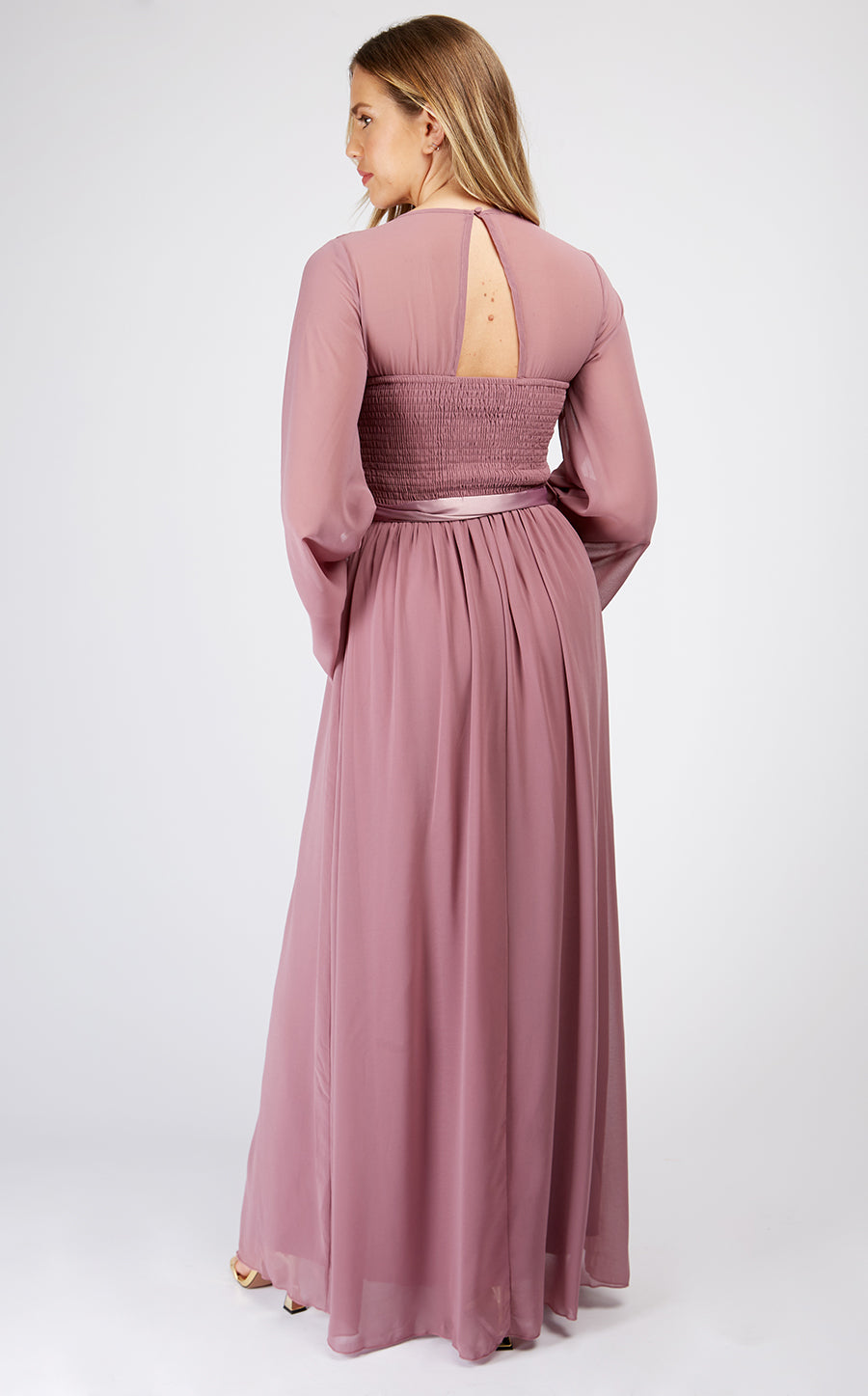 Mauve Plunge Tie Waist Maxi Dress