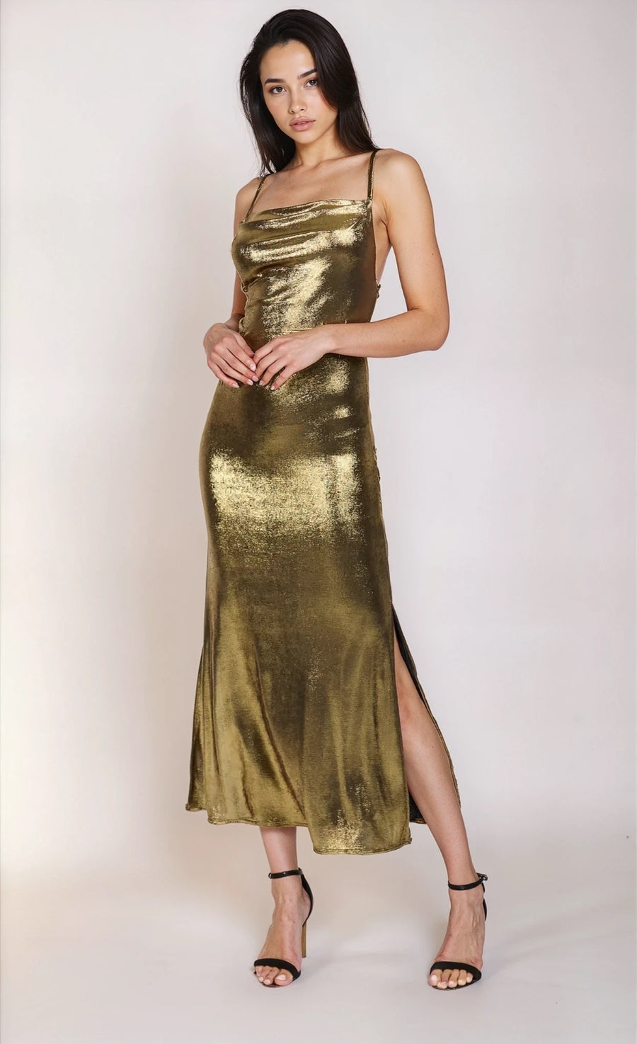 Gold Satin Cowl Neck Midi Dress by Chloe Lewis