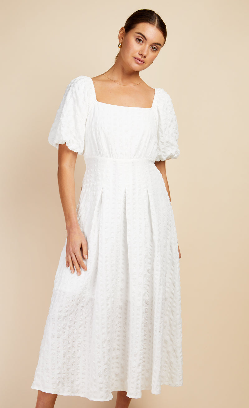 White Texture Puff Sleeve Midaxi Dress by Vogue Williams