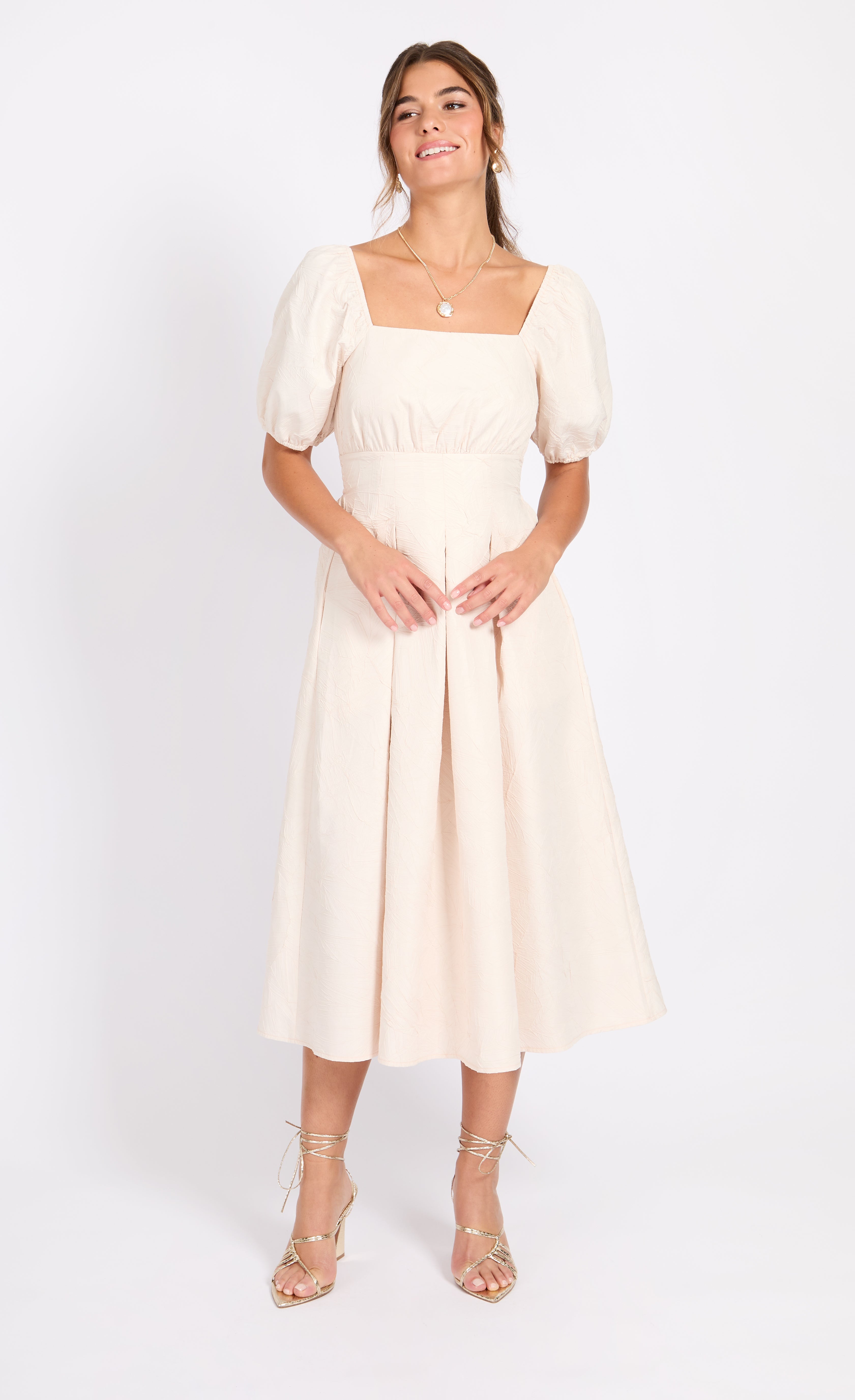 Cream Leaf Texture Midaxi Dress