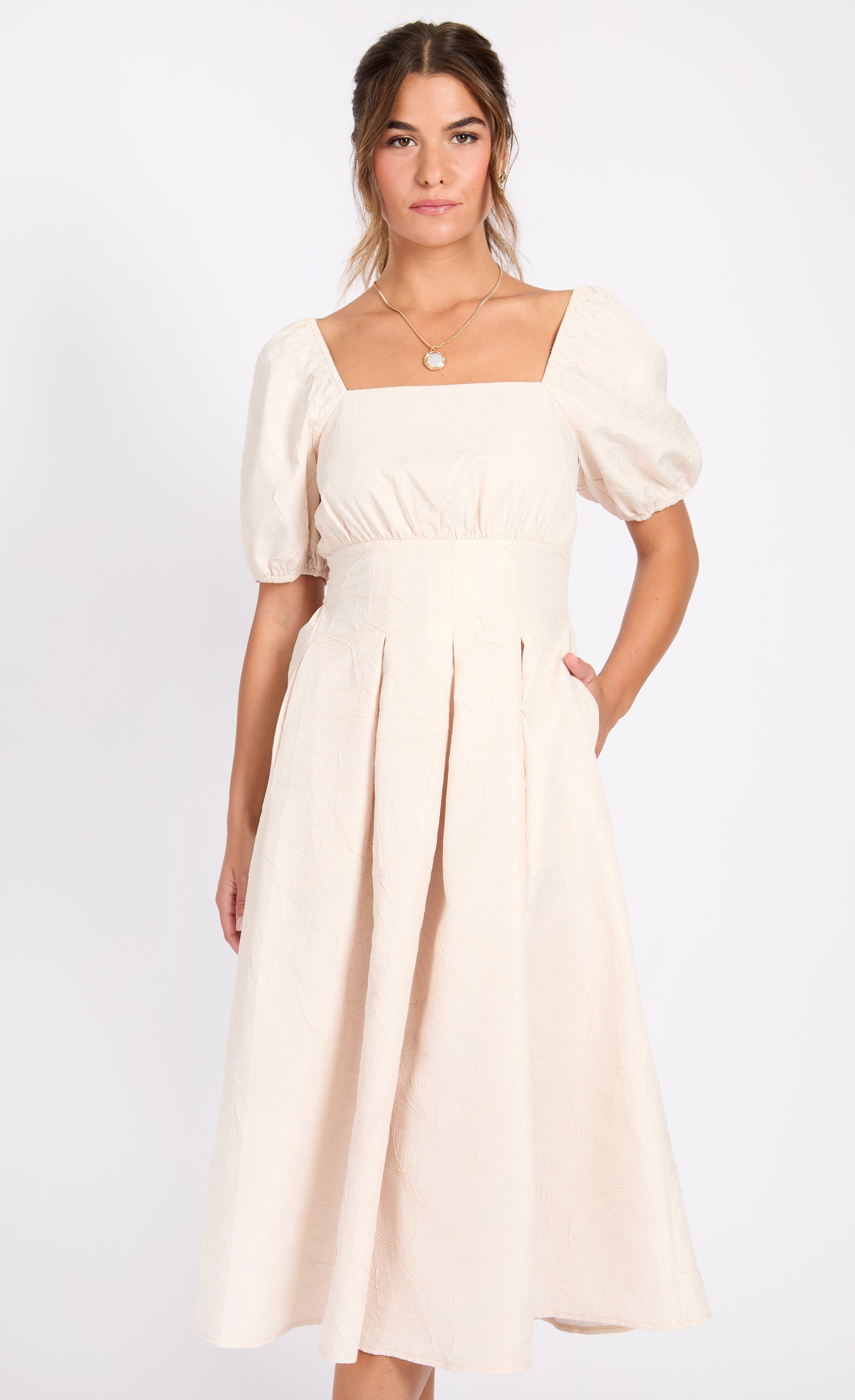 Cream Leaf Texture Midaxi Dress