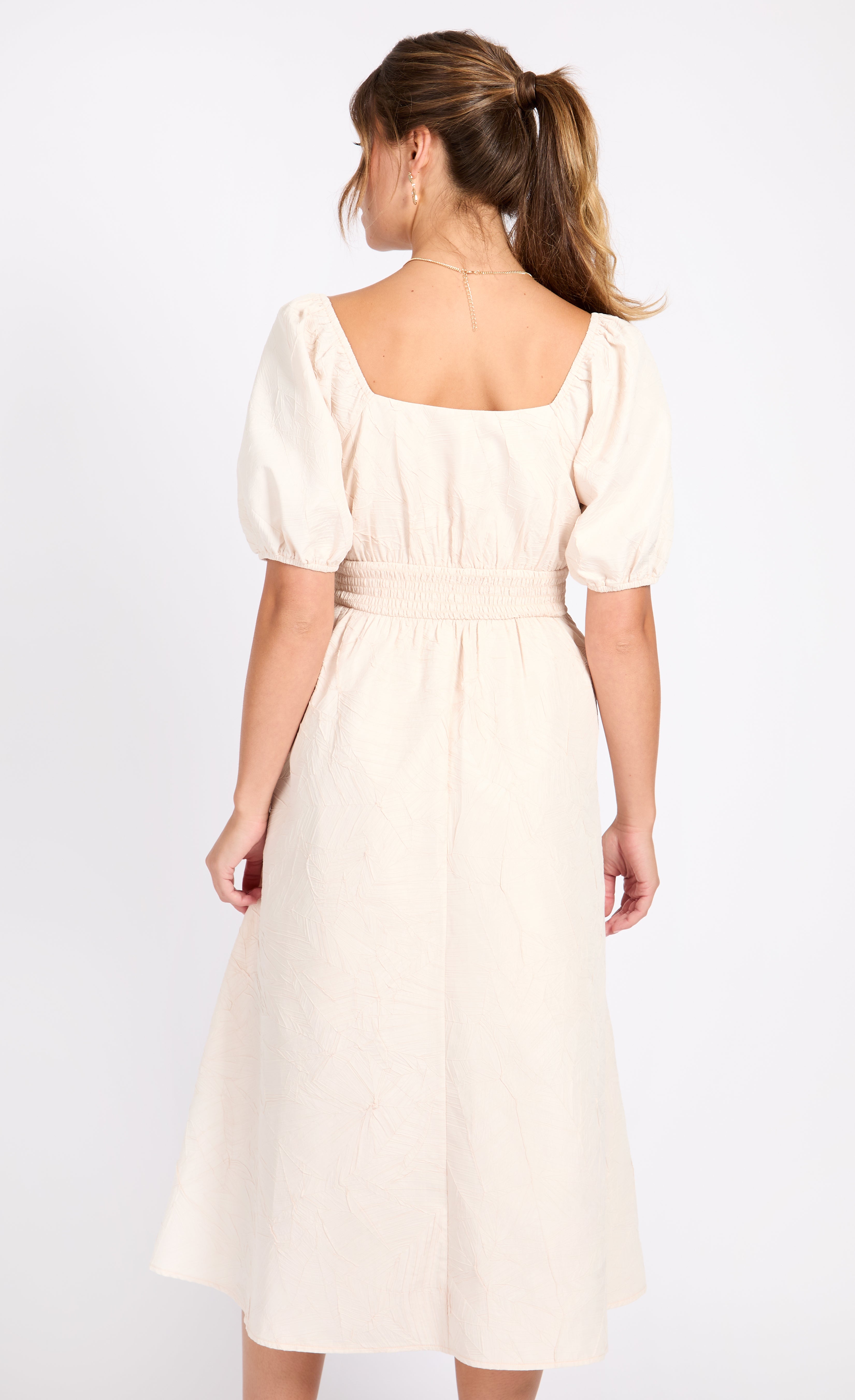 Cream Leaf Texture Midaxi Dress