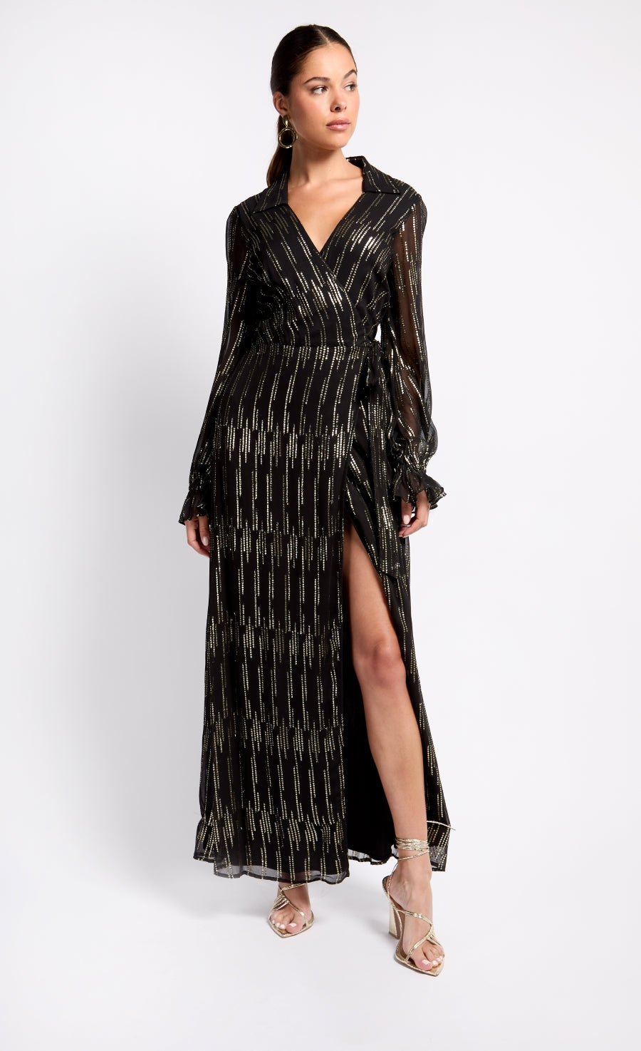 Black and Gold Maxi Wrap Dress - Main Image