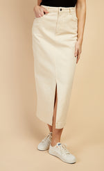 Cream Denim Midaxi Skirt by Vogue Williams