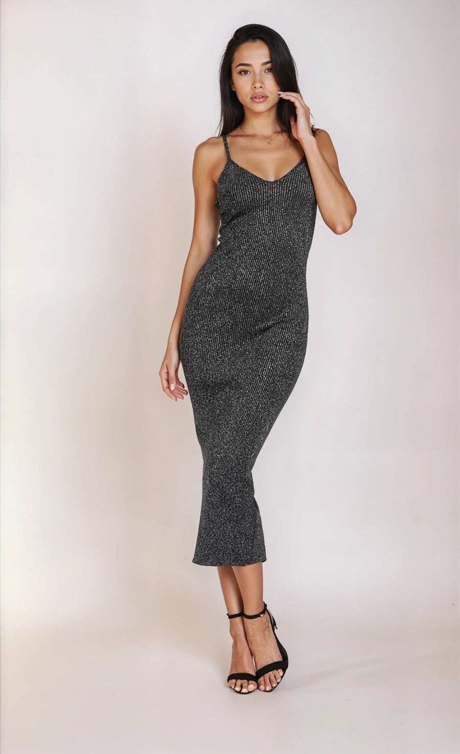 Black Metallic Knit Ribbed Midi Dress by Chloe Lewis