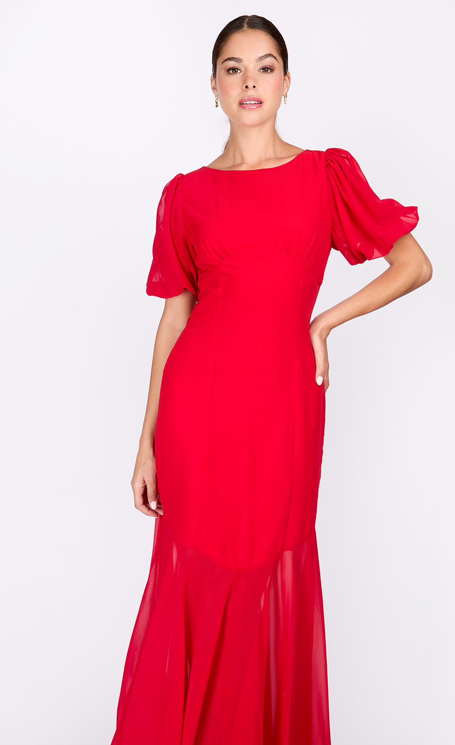 Red Chiffon Puff Sleeve Maxi Dress