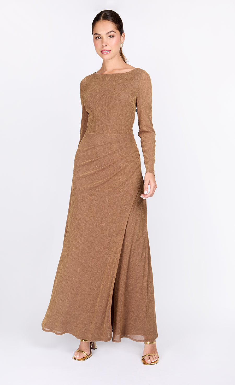 little mistress long sleeve dress Taupe Lurex Long Sleeve Maxi Dress