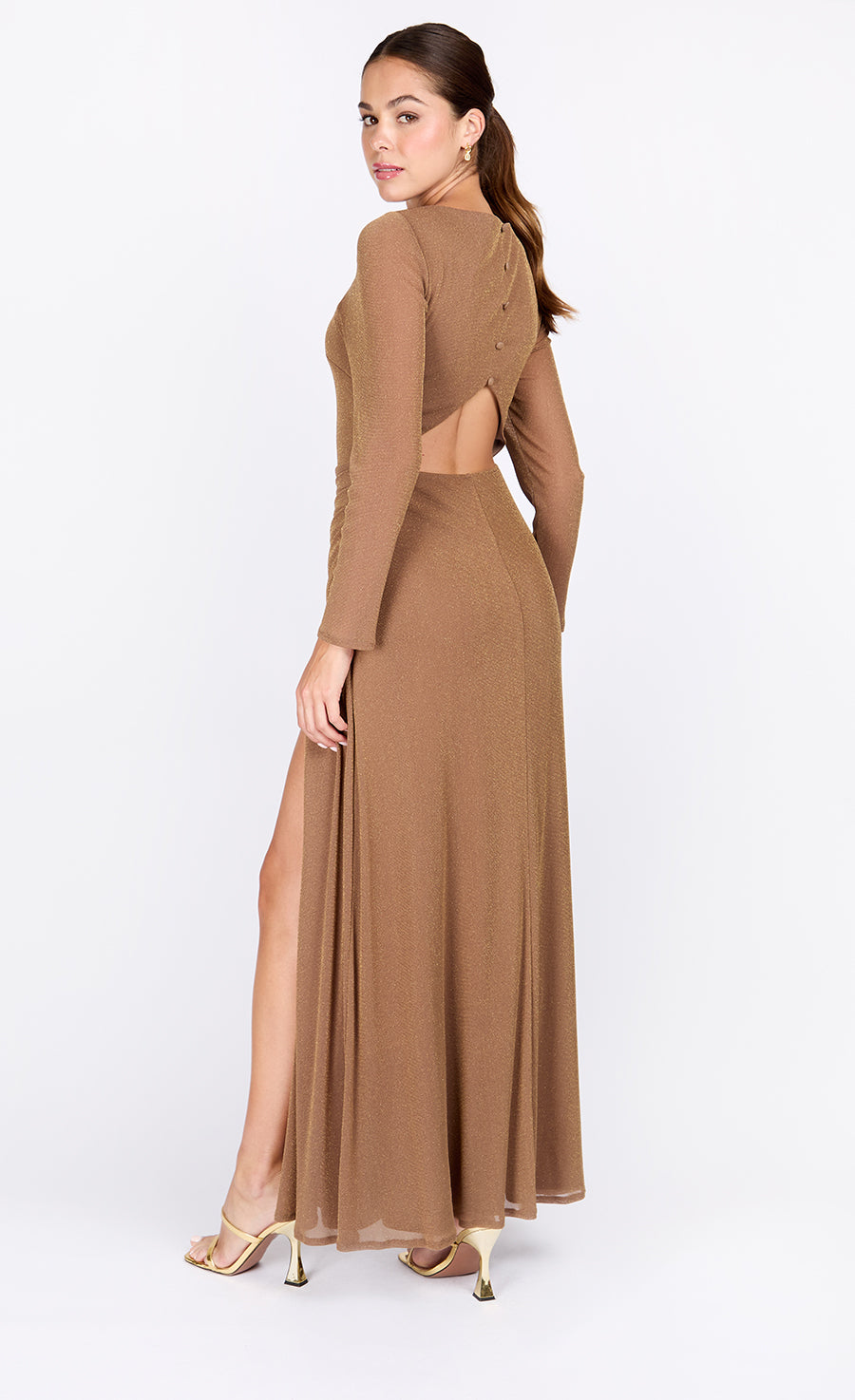 Taupe Lurex Long Sleeve Maxi Dress
