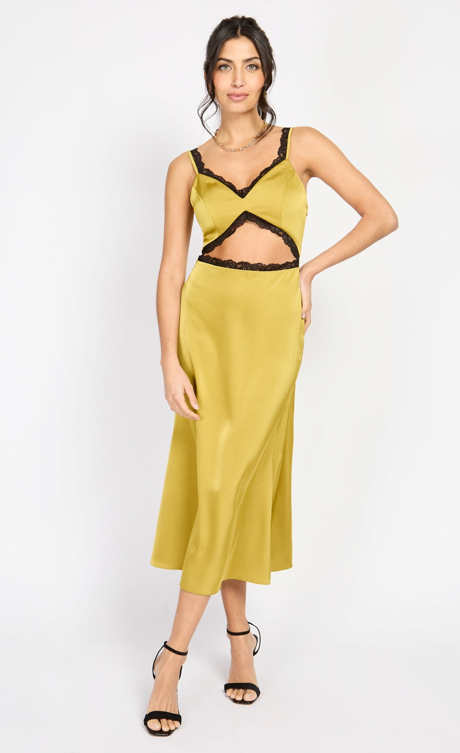 Olive Lace Trim Satin Midaxi by Chloe Lewis