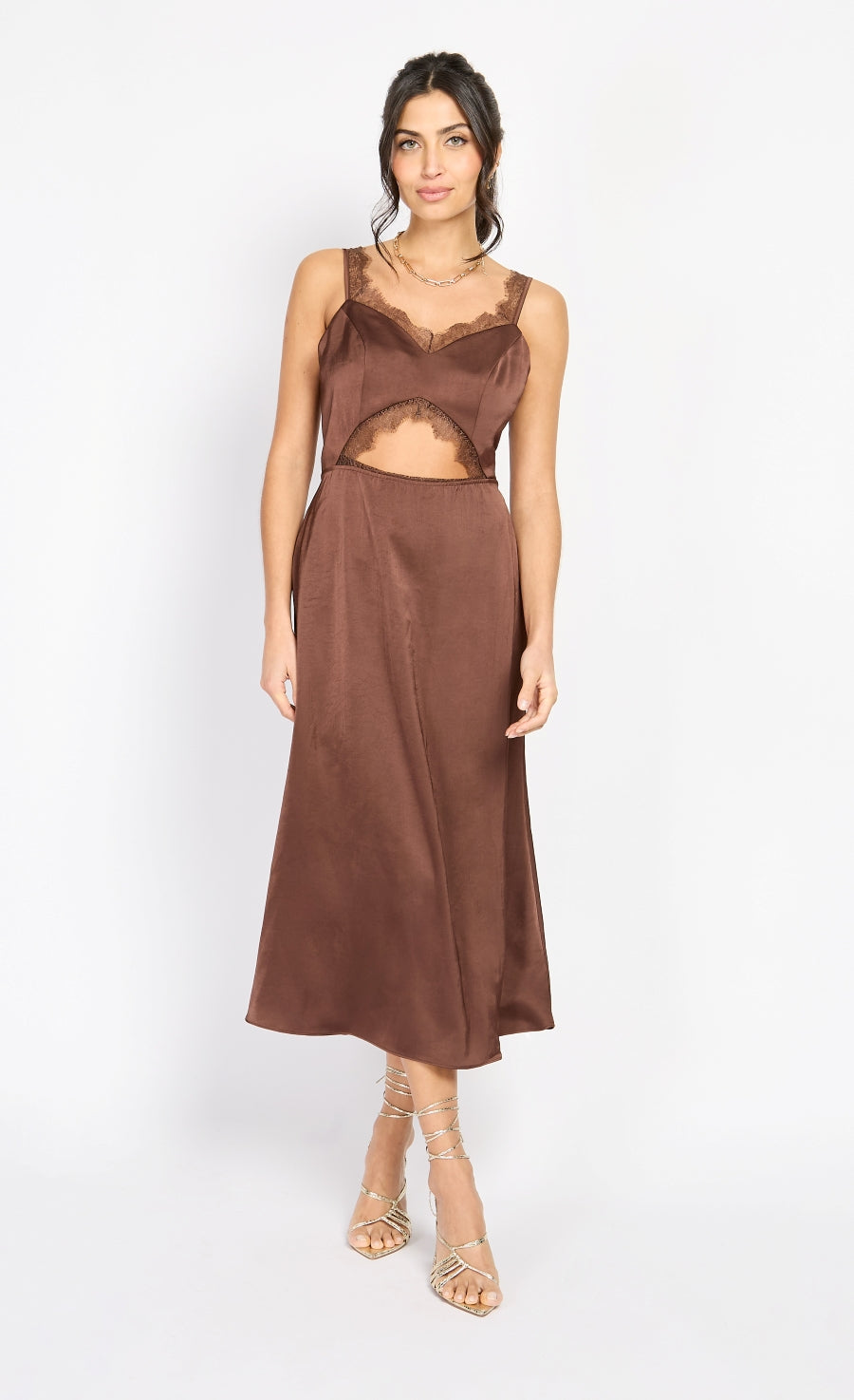 Chocolate Lace Trim Satin Midi Dress by Chloe Lewis