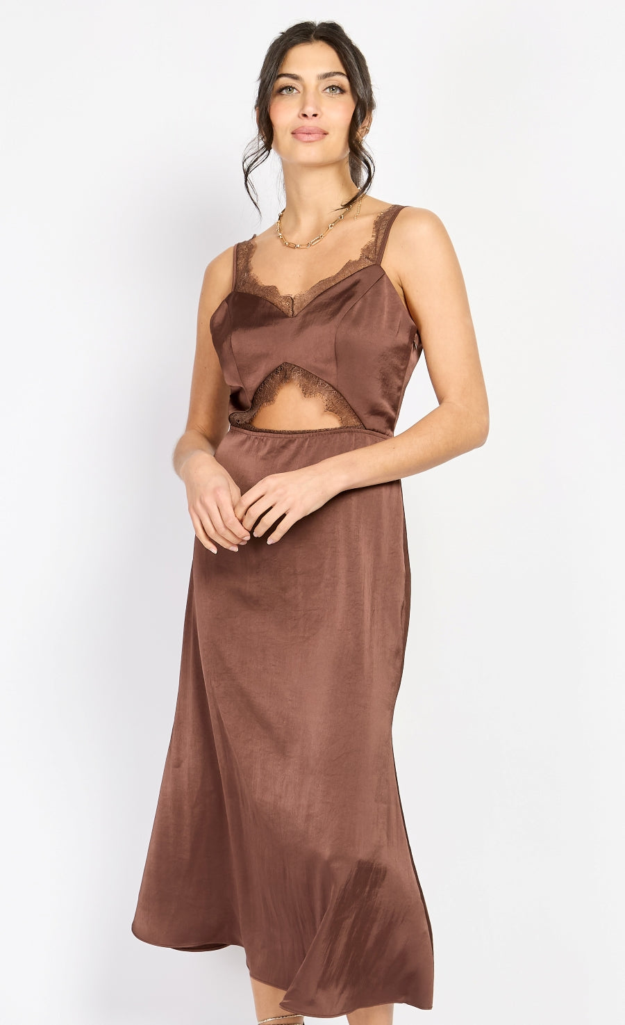 Chocolate Lace Trim Satin Midi Dress by Chloe Lewis