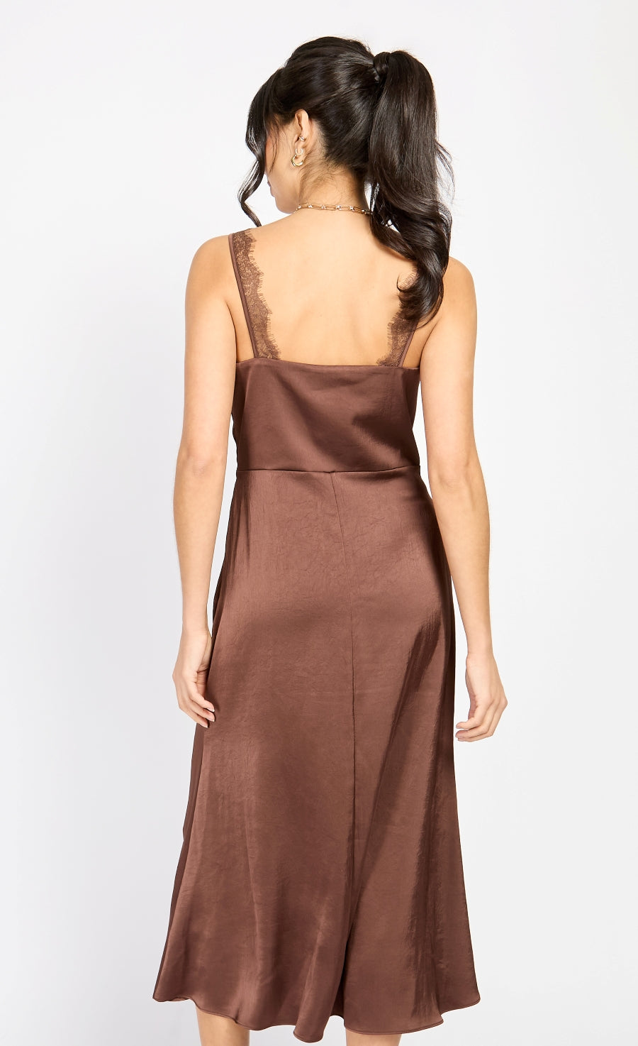 Chocolate Lace Trim Satin Midi Dress by Chloe Lewis