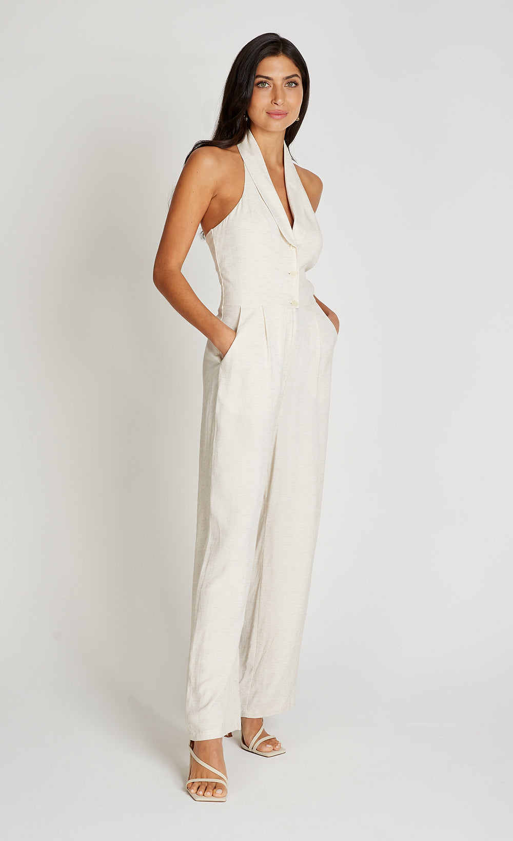 Cream Halter Neck Jumpsuit With Linen
