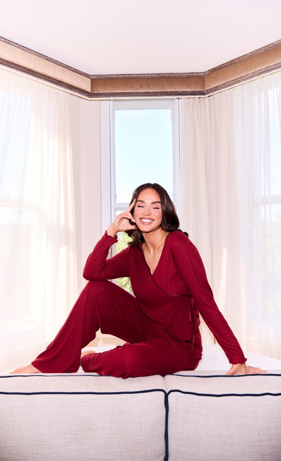 Burgundy Pointelle Wrap Top and Trouser Lounge Set by Vicky Pattison