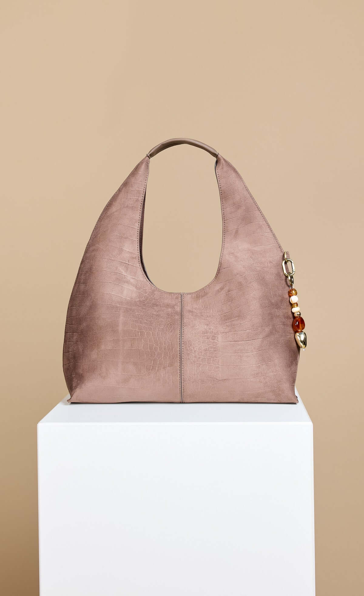 Mocha Croc Emboss Shoulder Bag with bead charm detail, perfect for stylish outings and daily use.
